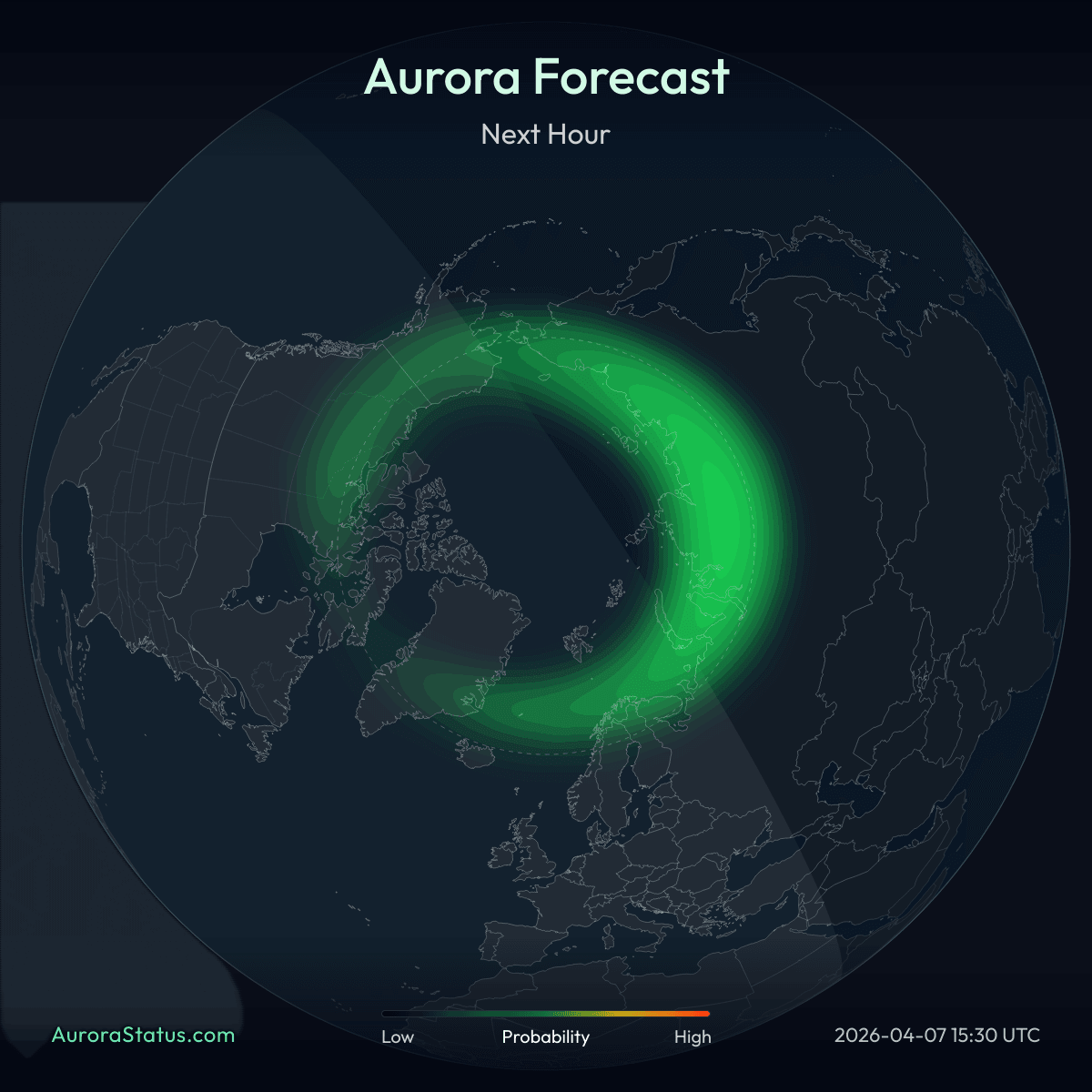 Northern Hemisphere one-hour aurora forecast map from AuroraStatus.com