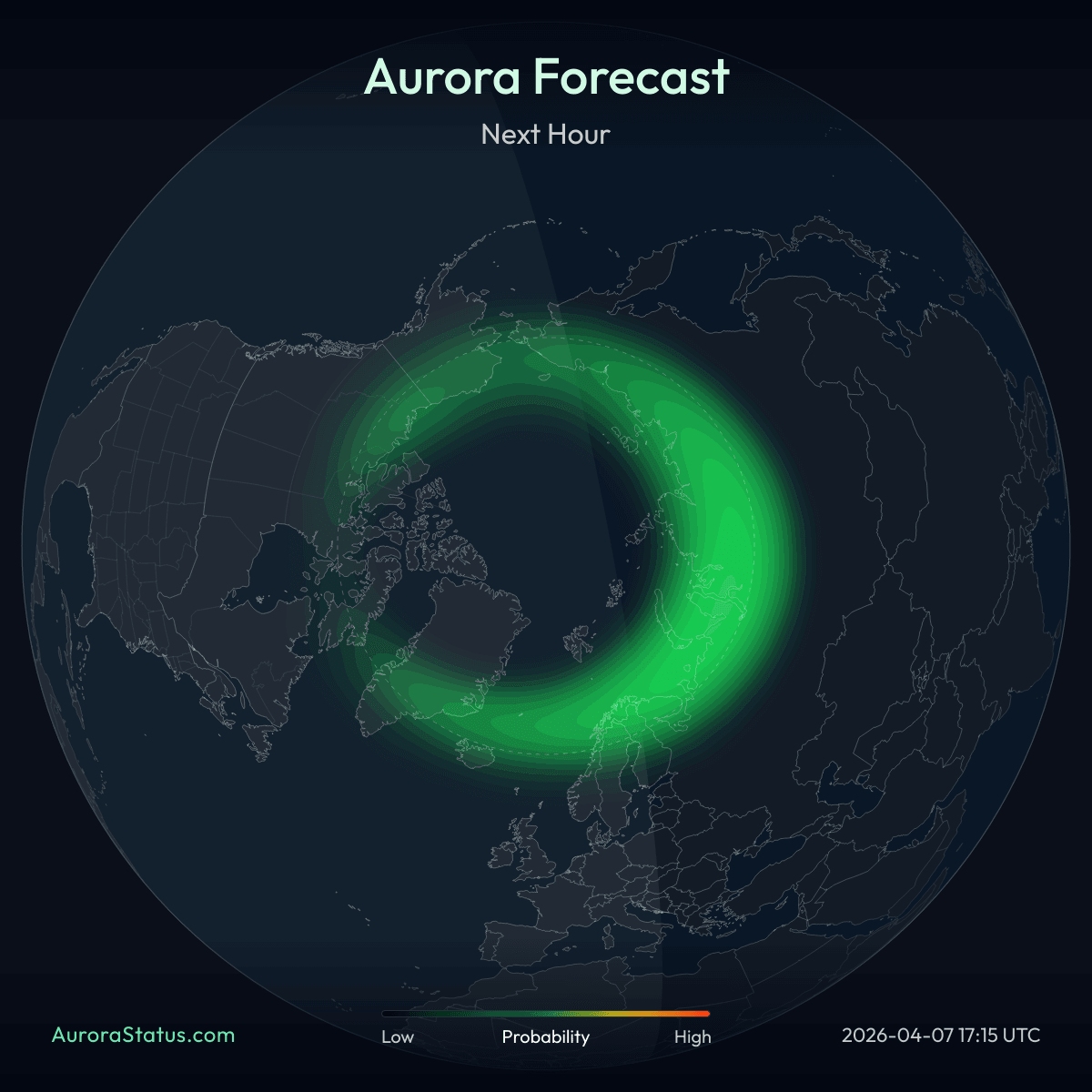 Northern Hemisphere one-hour aurora forecast map from AuroraStatus.com